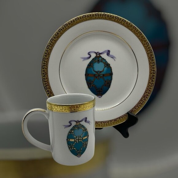 Gold Buffet Royal Gallery Teal Blue Faberge Egg Dessert Plate and Coffee Cup VTG - Picture 4 of 16